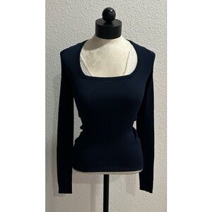 Remain Birger Christensen Serena Cutout Rib Knit Long Sleeve Top Navy 2 Bodycon